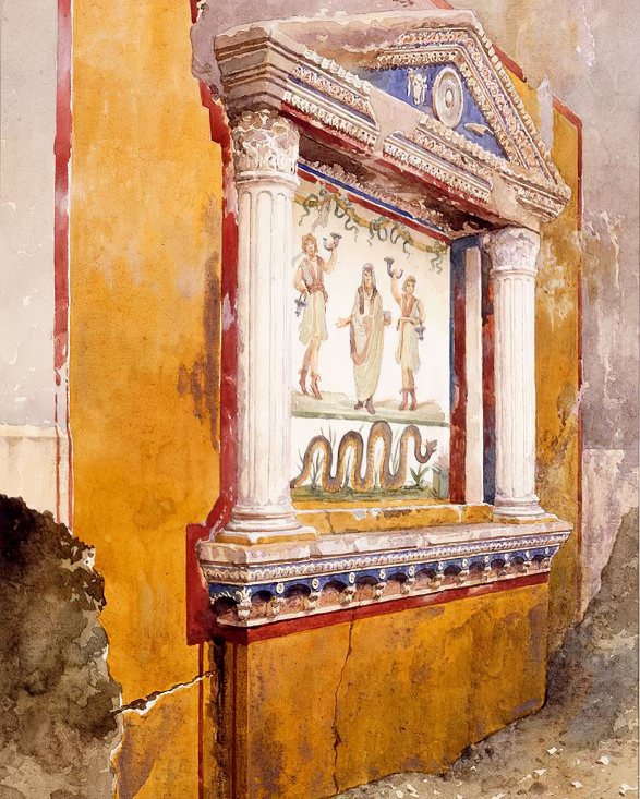 Le laraire et son serpent. Aquarelle de Luigi Bazzani, 1895, relevé in situ. Domaine public.